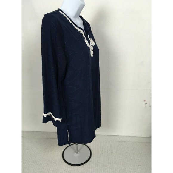 Allison Daily Womens Top Size SP Navy Blue with White Trim on Neck and Sleeves - Picture 4 of 14